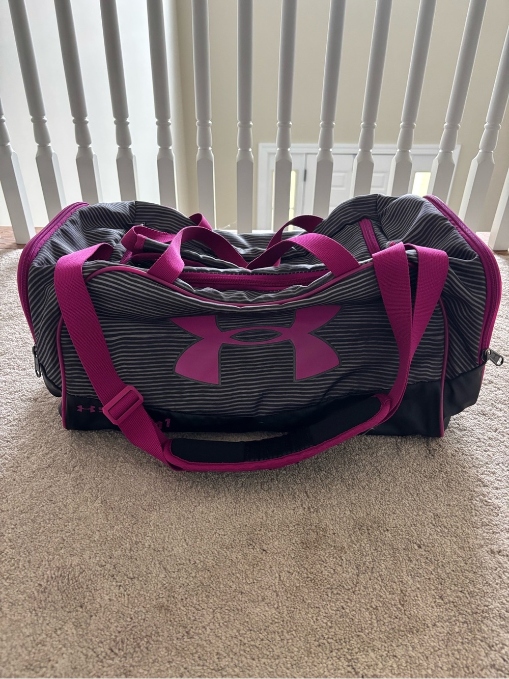 Under Armour Gray Striped Duffle with Pink Accents